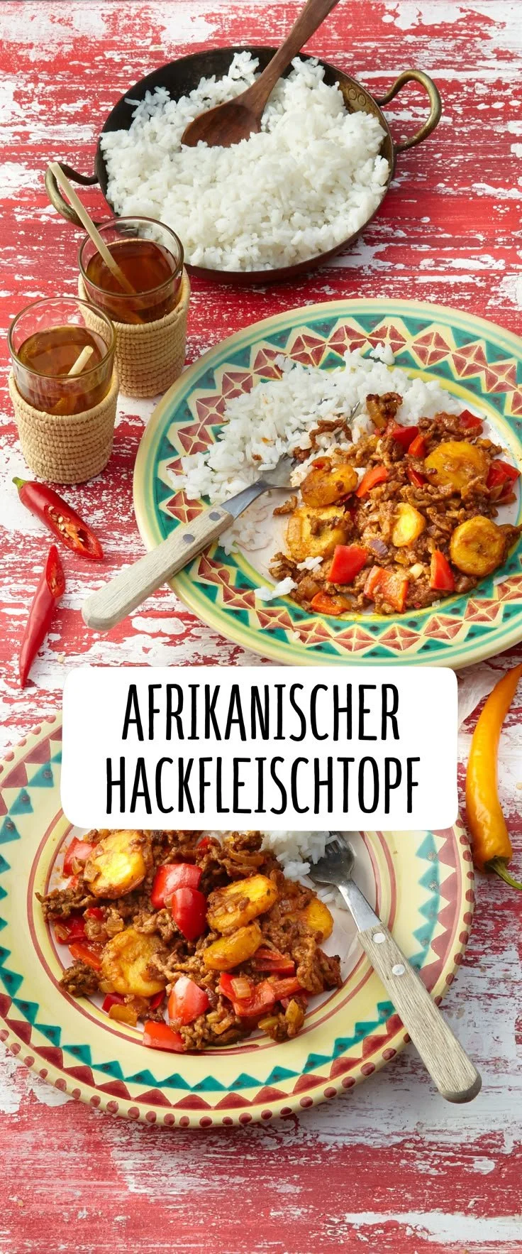 Afrikanischer Hackfleischtopf mit Banane, serviert in einer Schüssel.