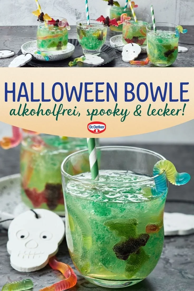 Alkoholfreie Halloween-Bowle mit Waldmeister-Götterspeise für Halloween-Party