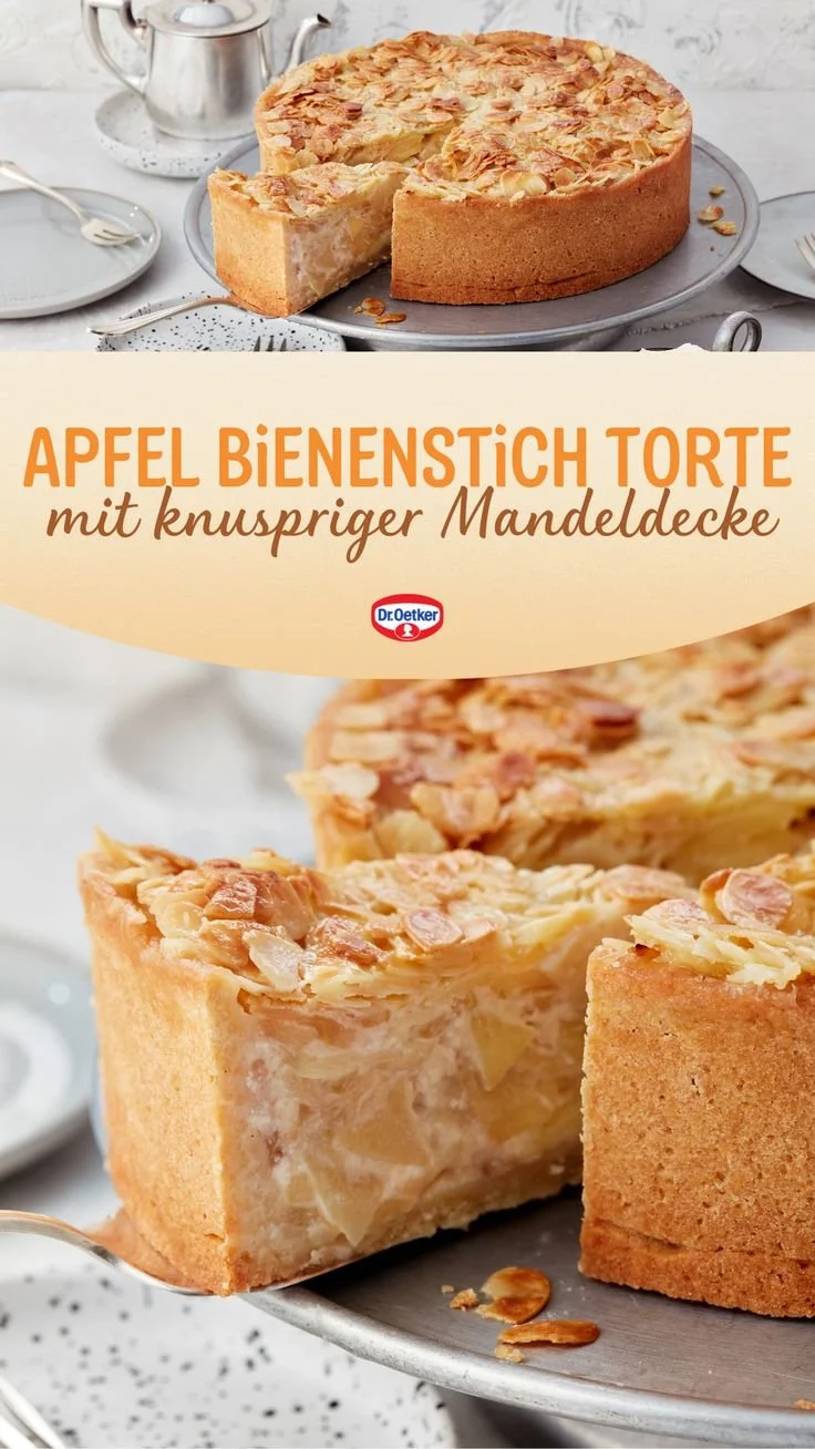 Apfel Bienenstich Torte mit frisch gebackenem Teig und Äpfeln