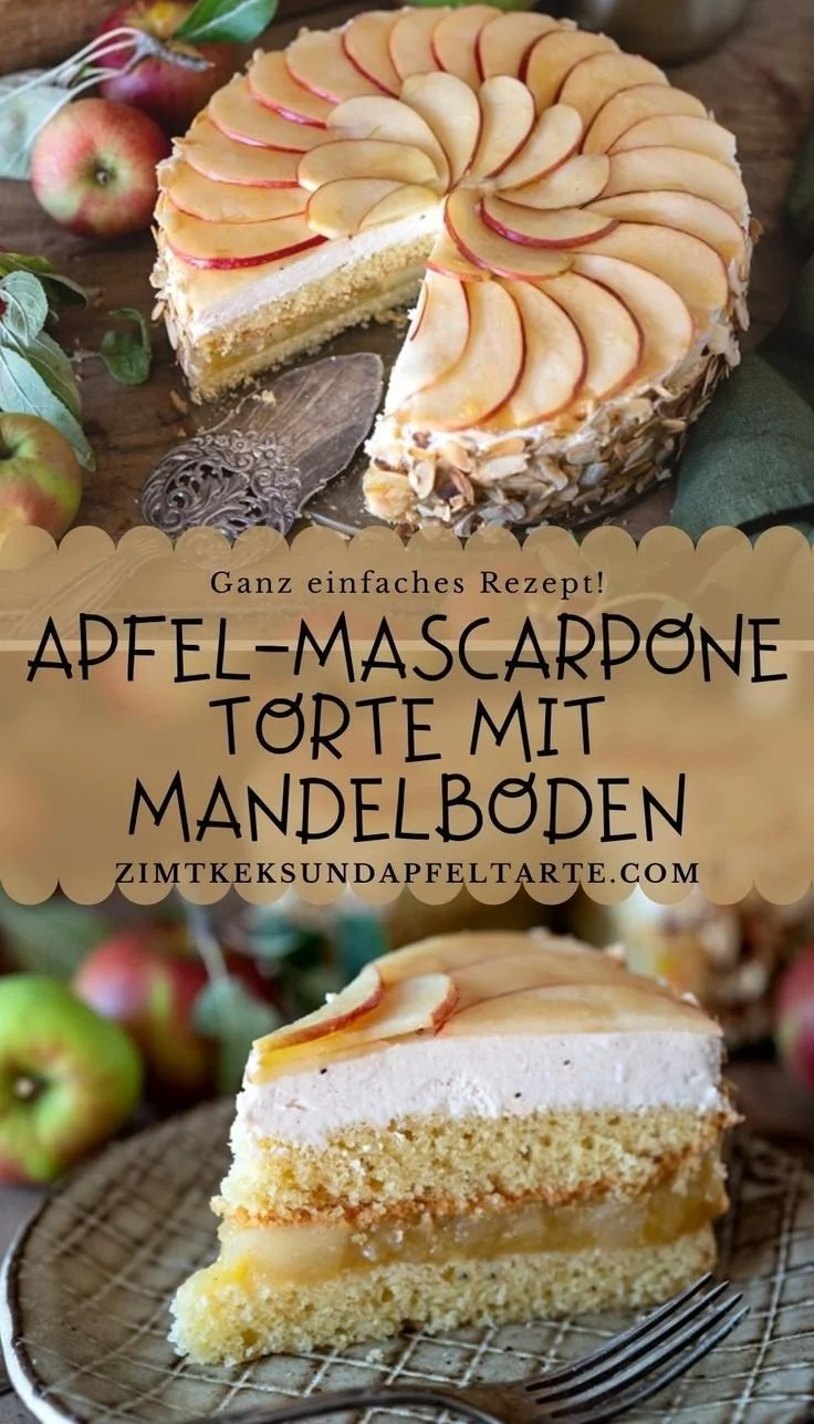 Apfel-Mascarpone-Torte mit Mandelboden auf einem Teller dekoriert