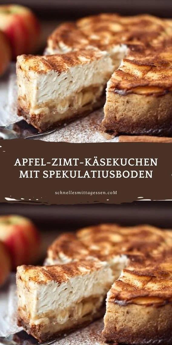 Apfel-Zimt-Käsekuchen mit Spekulatiusboden auf einem Teller serviert.