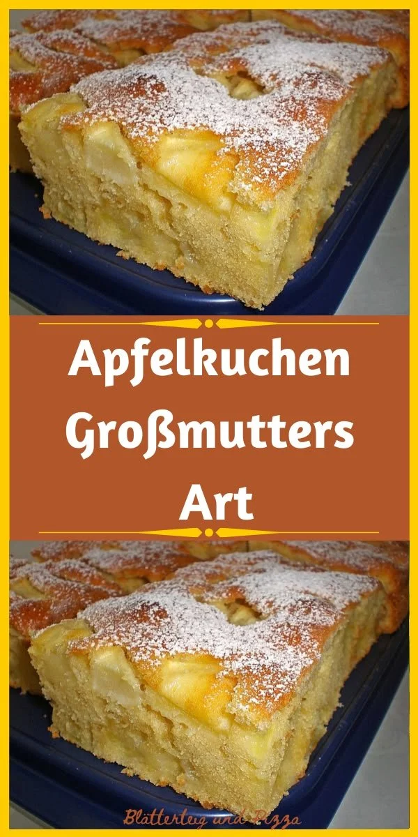 Apfelkuchen Großmutters Art auf einem Teller serviert mit Äpfeln und Zimt.