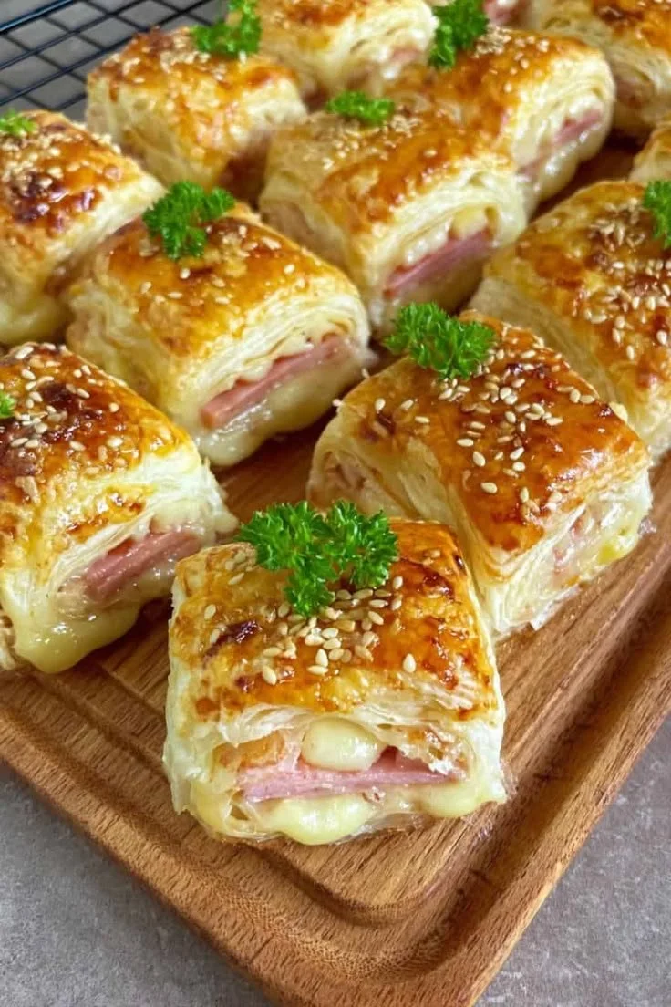 Leckere Blätterteig-Puten-Käse-Snacks auf einem Teller serviert