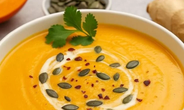 Cremige Kürbissuppe mit Ingwer in einer Schüssel serviert
