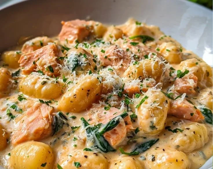 Cremige Lachs Gnocchi auf einem Teller serviert, dekoriert mit frischen Kräutern.