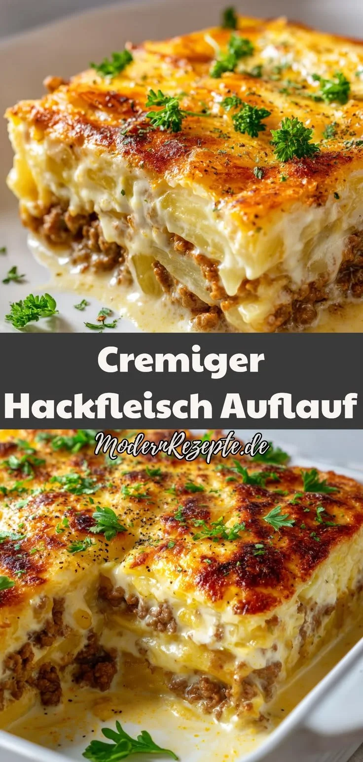 Cremiger Hackfleisch Auflauf mit Kartoffeln serviert auf einem Teller
