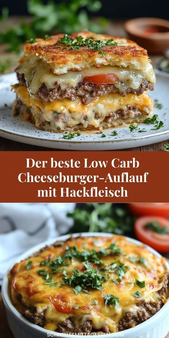 Low Carb Cheeseburger-Auflauf mit Hackfleisch, cremig und herzhaft zubereitet