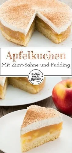 Apfel-Sahne-Torte mit Vanillecreme-Füllung auf einem Teller serviert