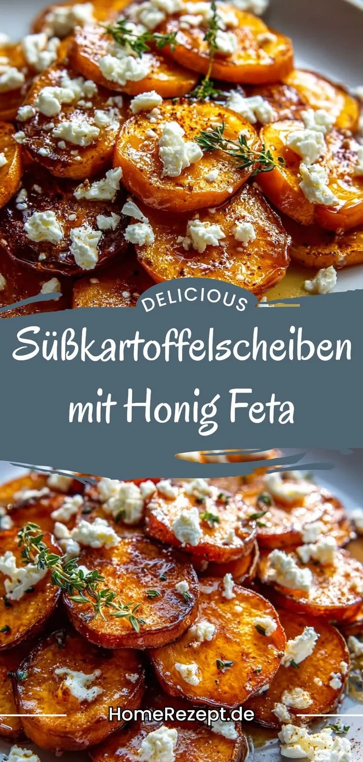 Süßkartoffelscheiben mit Honig und Feta auf einem Teller serviert