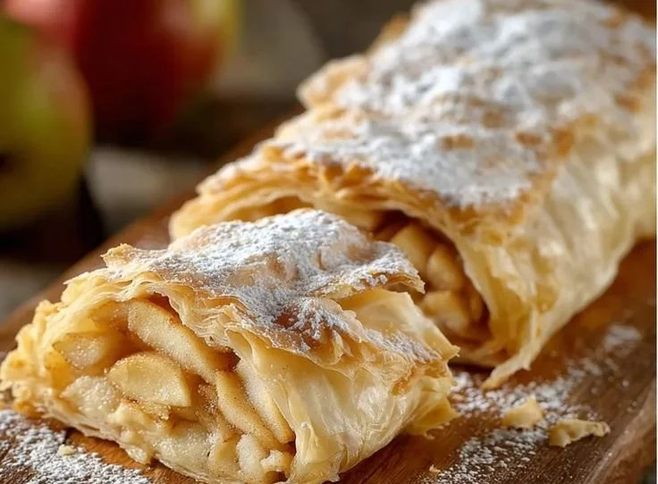 Echter Apfelstrudel aus frischen Äpfeln und Zimt, traditionelles Rezept