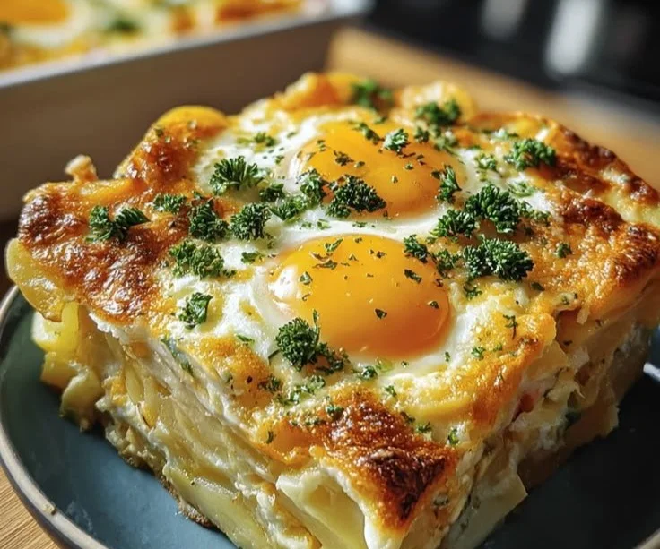 Eier Kartoffel Auflauf in einer Auflaufform, dekoriert mit frischen Kräutern.