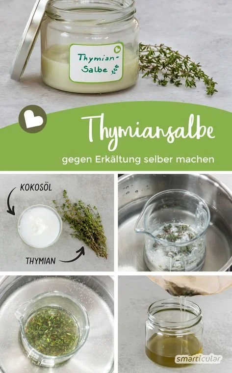 Selbstgemachte Erkältungssalbe mit Thymian und natürlichen Zutaten