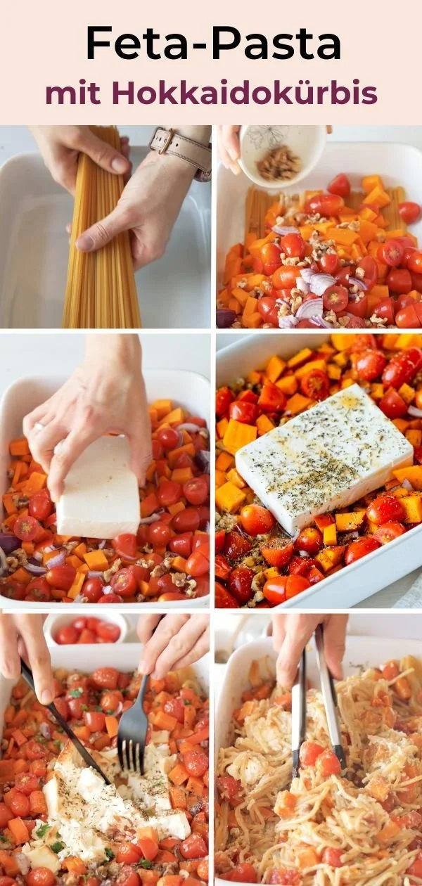 Feta-Pasta mit Hokkaido-Kürbis auf einem Teller angerichtet