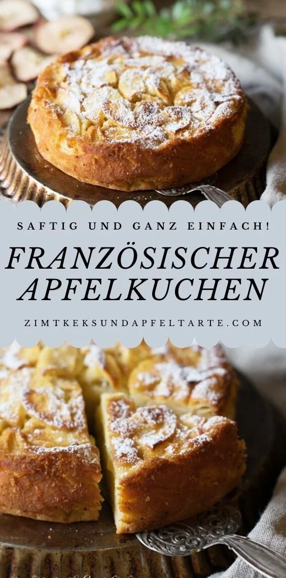 Französischer Apfelkuchen auf einem Teller, saftig und fruchtig dekoriert.