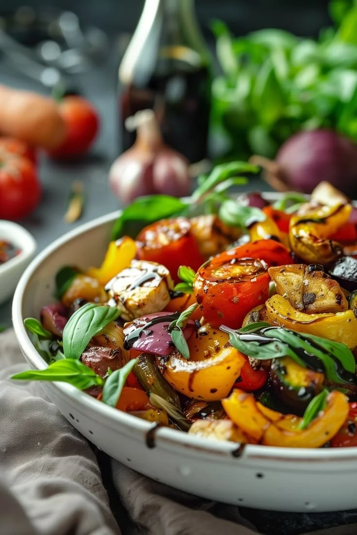 Gerösteter Gemüsesalat mit Balsamico auf einem Teller serviert.