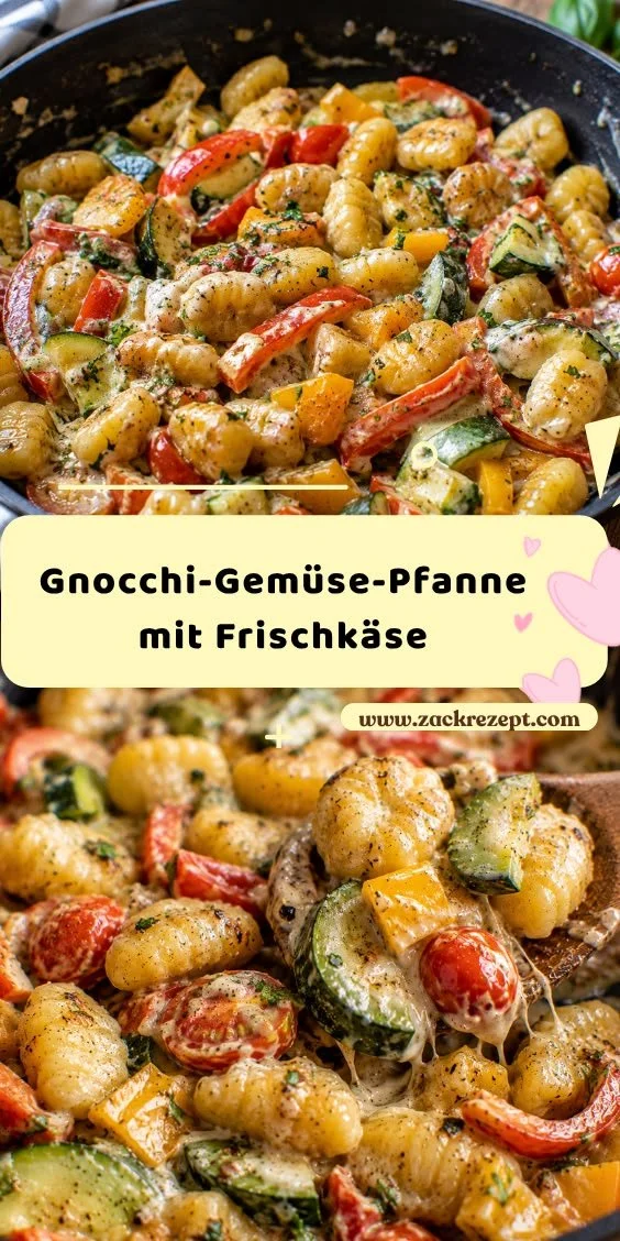 Gnocchi-Gemüse-Pfanne mit Frischkäse auf einem Teller serviert