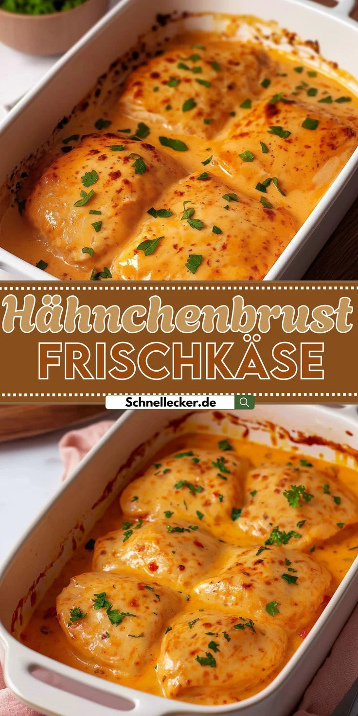 Hähnchenbrust in cremiger Frischkäse-Sauce, serviert auf einem Teller