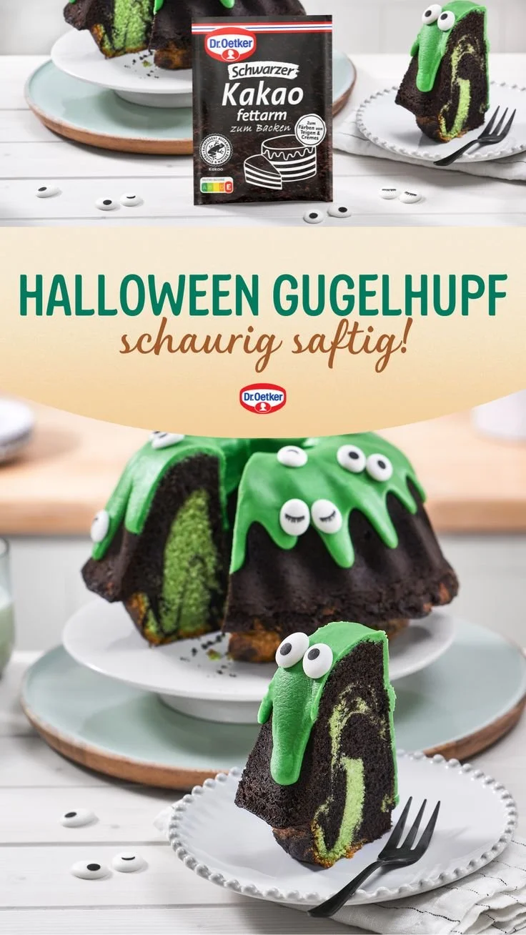Halloween Gugelhupf auf einem Tisch dekoriert für eine Halloween Party