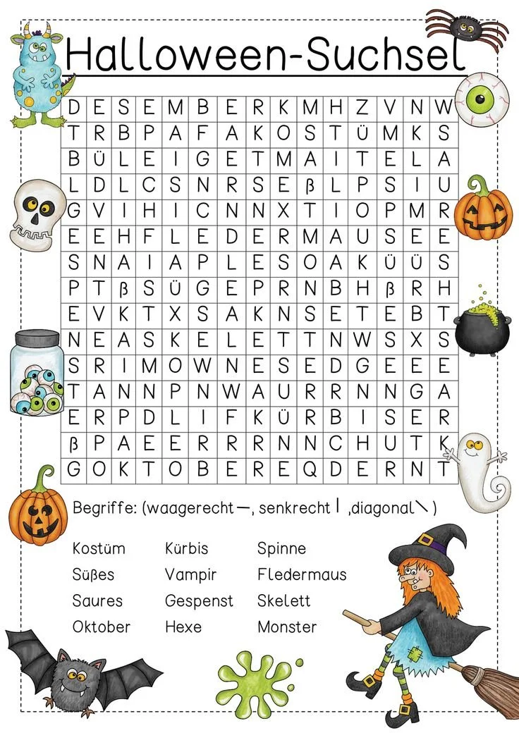 Halloween Suchsel Buchstabengitter zum Rätseln und Spaß haben