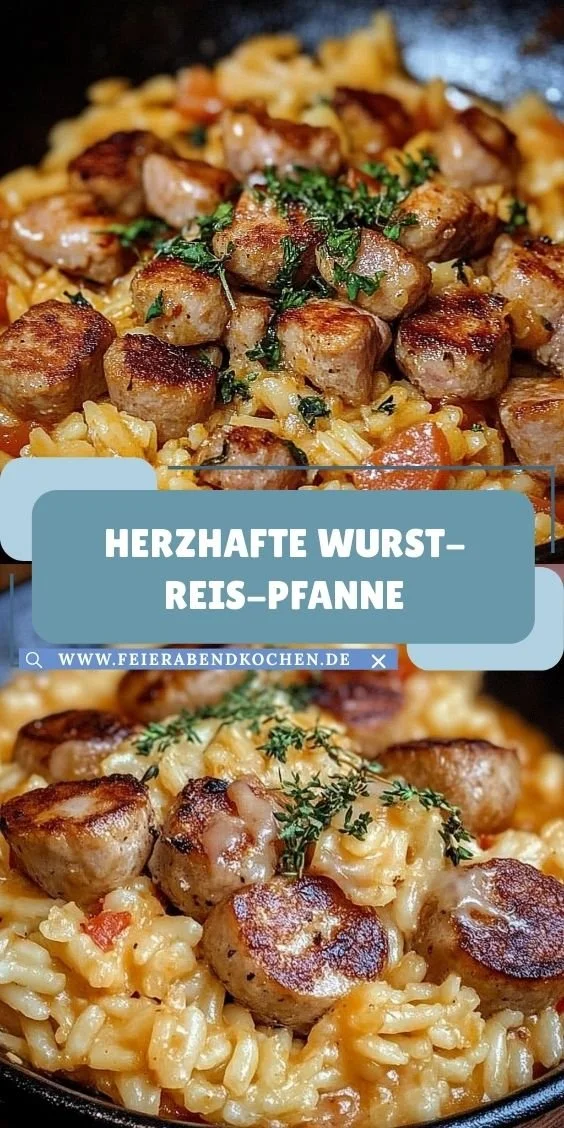 Eine leckere Wurst-Reis-Pfanne auf einem Teller serviert.