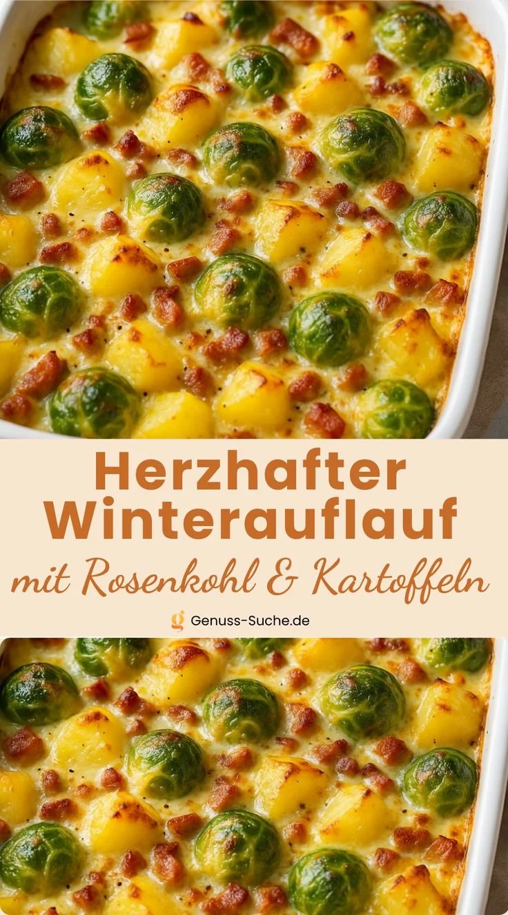 Herzhafter Rosenkohlauflauf aus frischem Rosenkohl, Käse und Sahne.