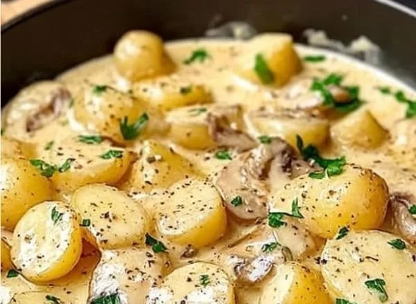 Kartoffeln mit cremiger Knoblauch-Sahnesauce auf einem Teller