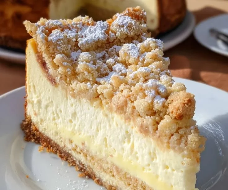 Käsekuchen mit Streuseln auf einem Teller
