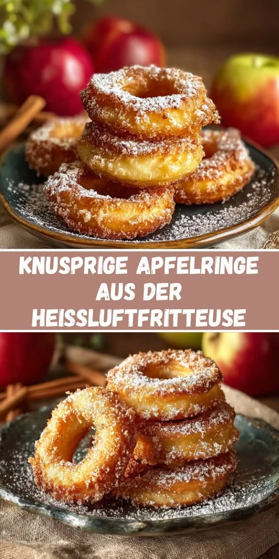 Knusprige Apfelringe aus der Heißluftfritteuse auf einem Teller