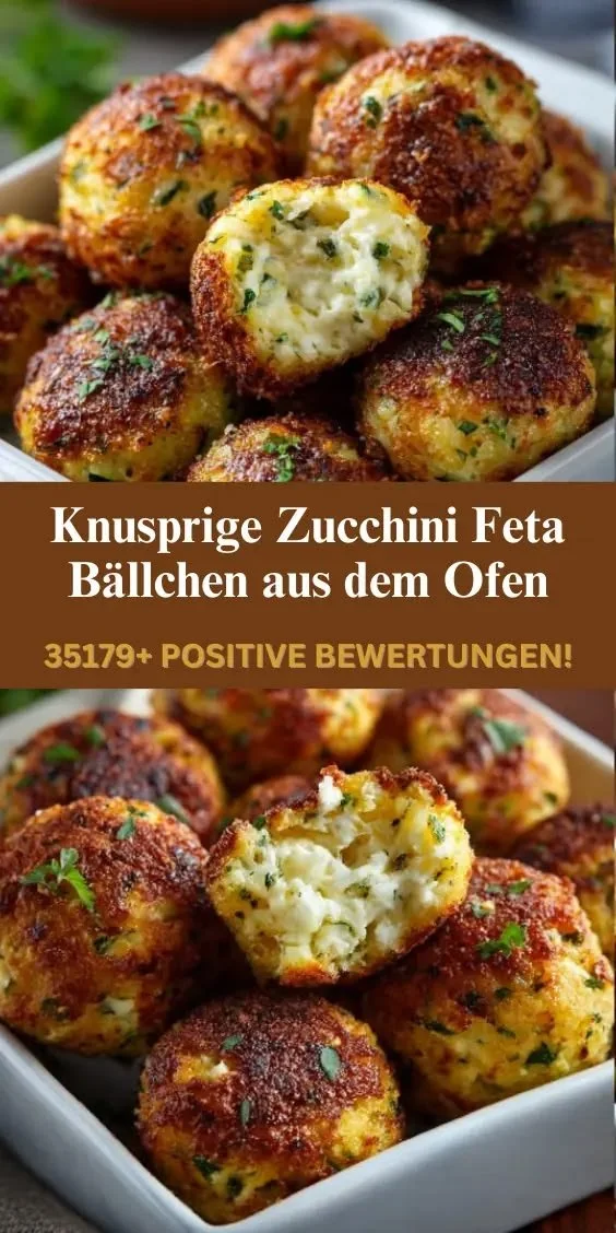 Knusprige Zucchini Feta Bällchen aus dem Ofen auf einem Teller angerichtet