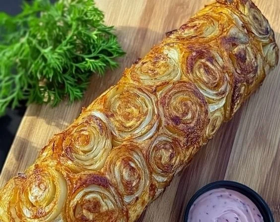 Knusprige Zwiebelrolle frisch gebacken auf einem Teller serviert