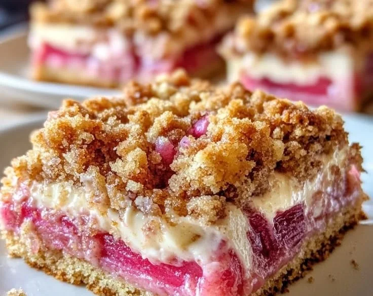 Köstlicher Rhabarberkuchen mit Vanillecreme und knusprigen Streuseln