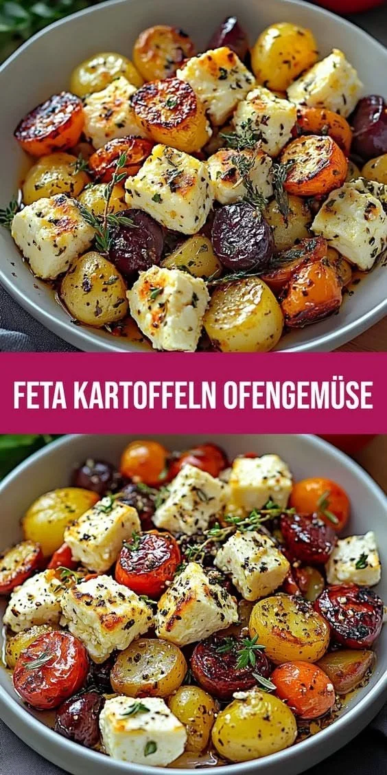 Köstliches Feta Kartoffeln Ofengemüse aus dem Ofen mit frischem Gemüse