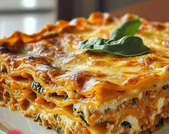 Kürbis-Spinat-Lasagne frisch aus dem Ofen, serviert in einer eleganten Auflaufform.