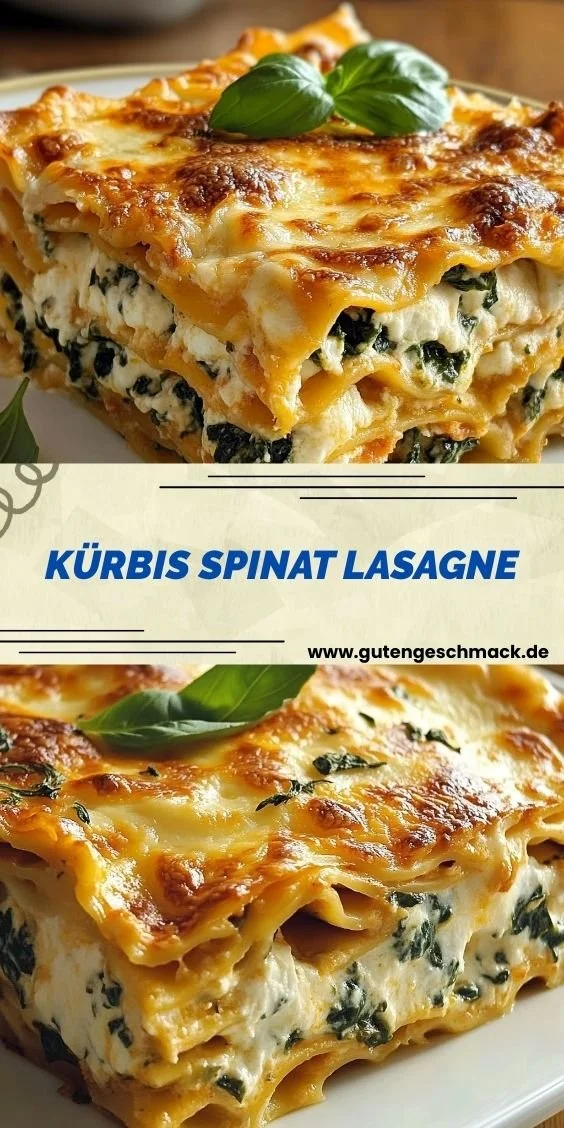 Kürbis Spinat Lasagne mit frischen Zutaten und geschmolzenem Käse