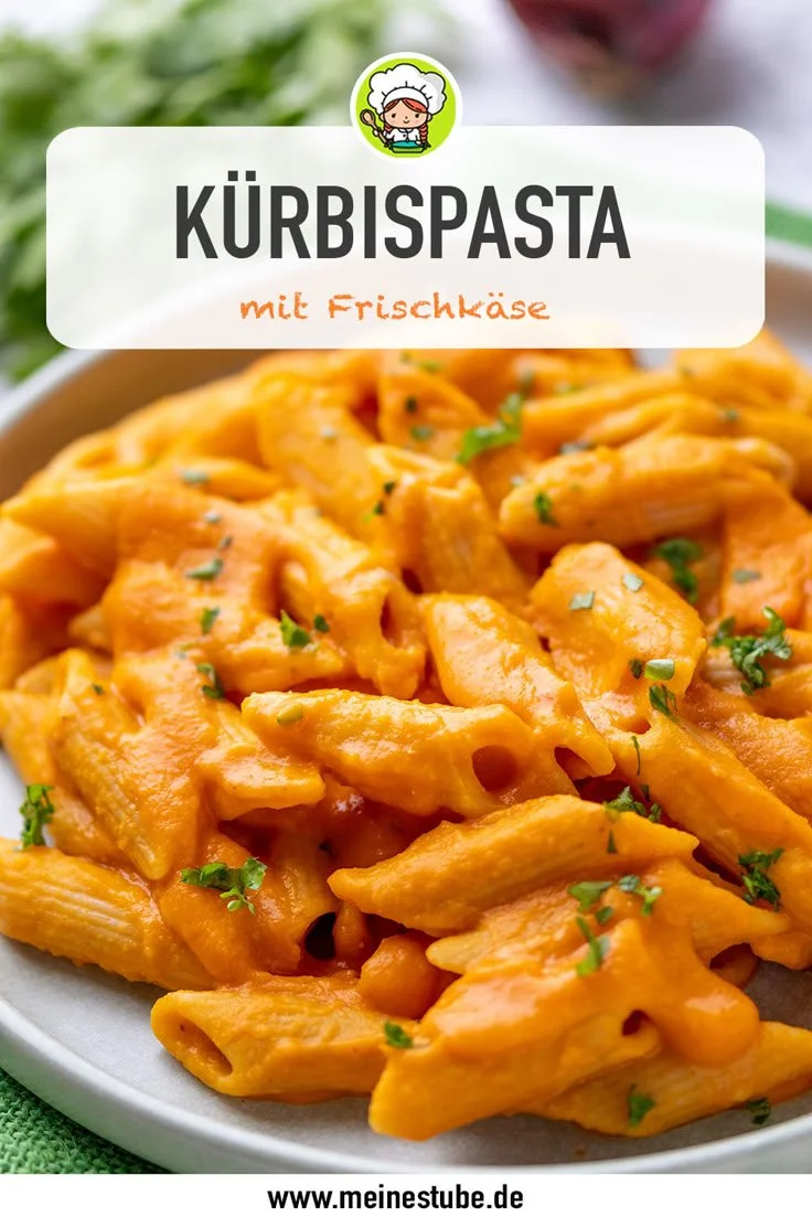 Kürbispasta mit Frischkäse in einer Schüssel, dekoriert mit Kürbiskernen.