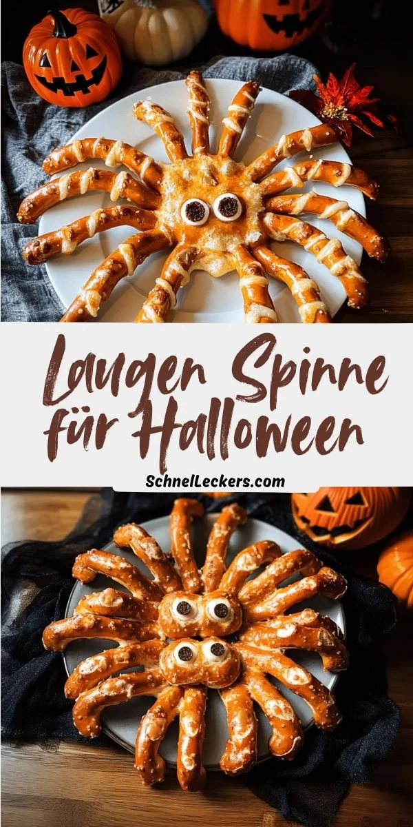Laugen-Spinne für Halloween, schnell und gruselig lecker, dekoriert mit Spinnennetzen.