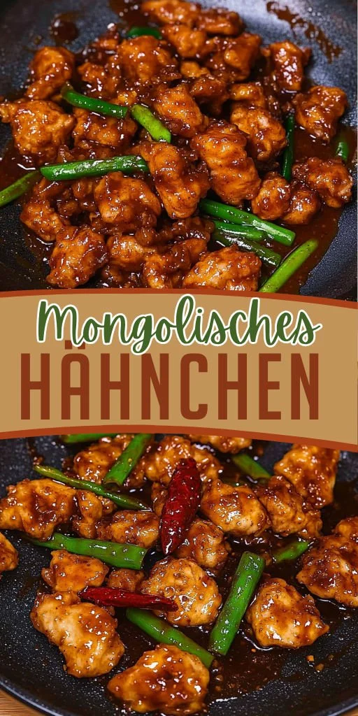 Mongolisches Hähnchen serviert mit Gemüse und Reis