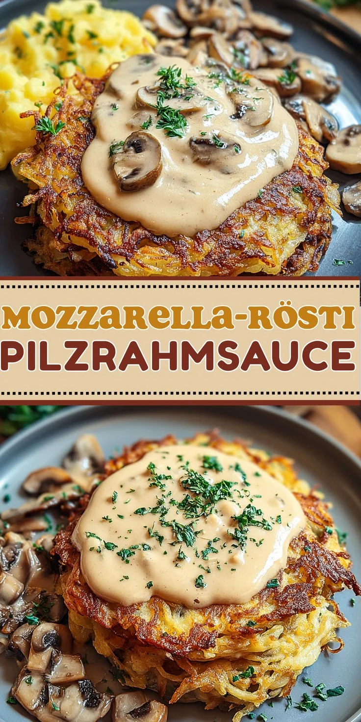 Mozzarella-Rösti mit Zwiebel-Pilzrahmsauce, vegetarisches Gericht