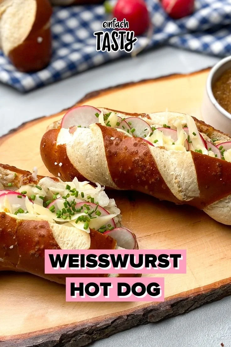 Leckere Weisswurst Hotdogs auf einem Festtisch für Oktoberfest-Feier.
