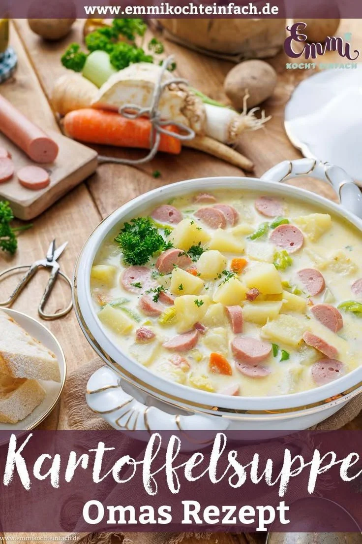 Omas Kartoffelsuppe mit Würstchen in einer weißen Schüssel serviert