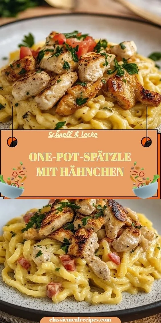 One-Pot-Spätzle mit Hähnchen in einer Pfanne zubereitet