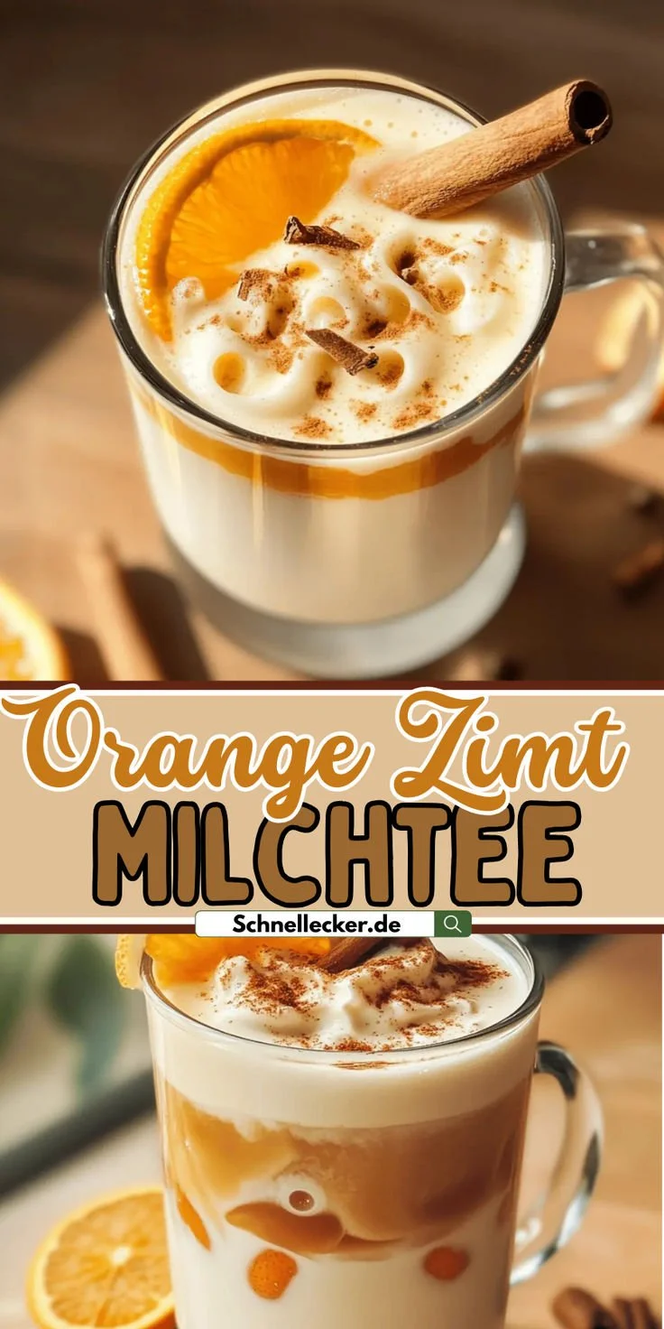 Tasse Orange-Zimt-Milchtee mit Zimtstange und Orangenscheibe