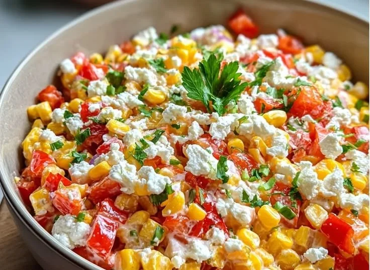 Paprika-Mais-Salat mit Feta und Dressing auf einem Teller serviert
