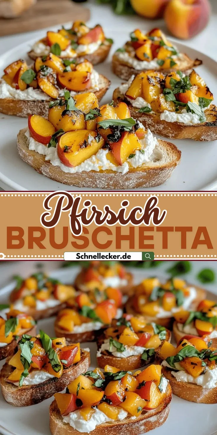 Pfirsich Bruschetta mit geschlagenem Ricotta auf knusprigem Brot serviert