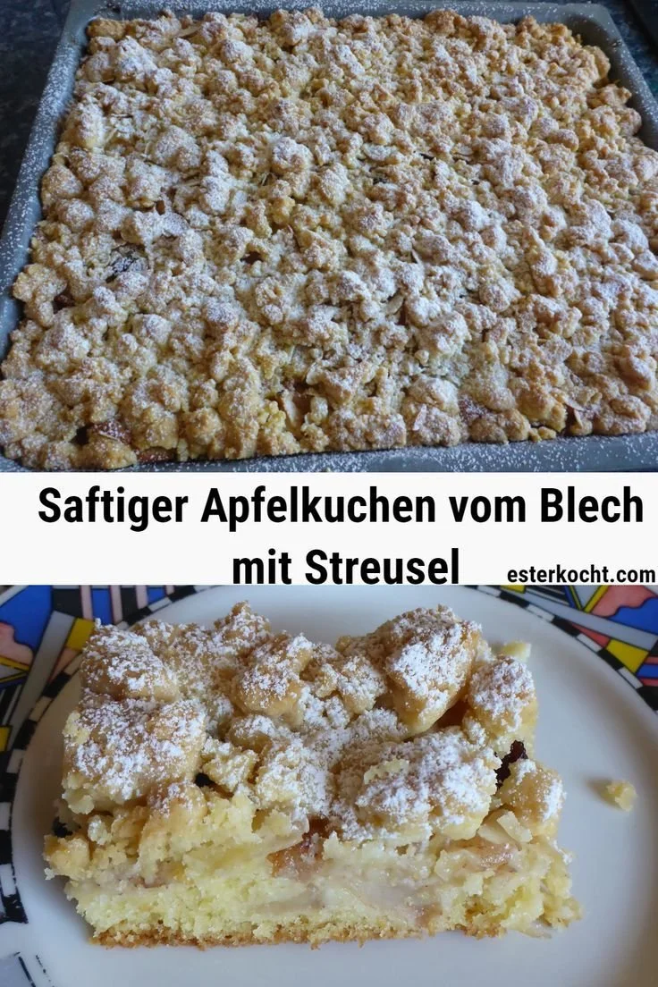 Saftiger Apfelkuchen vom Blech mit Streuseln auf einem Teller