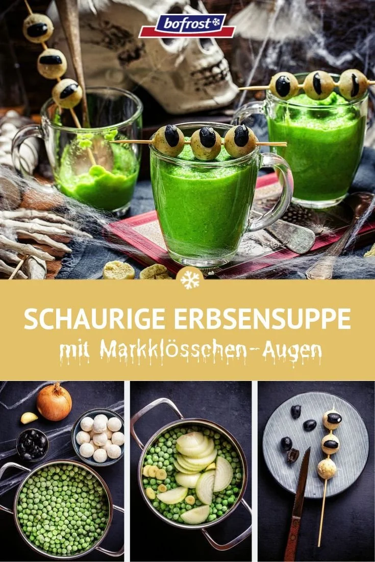 Schaurige Erbsensuppe mit Markklößchen-Augen für Halloween
