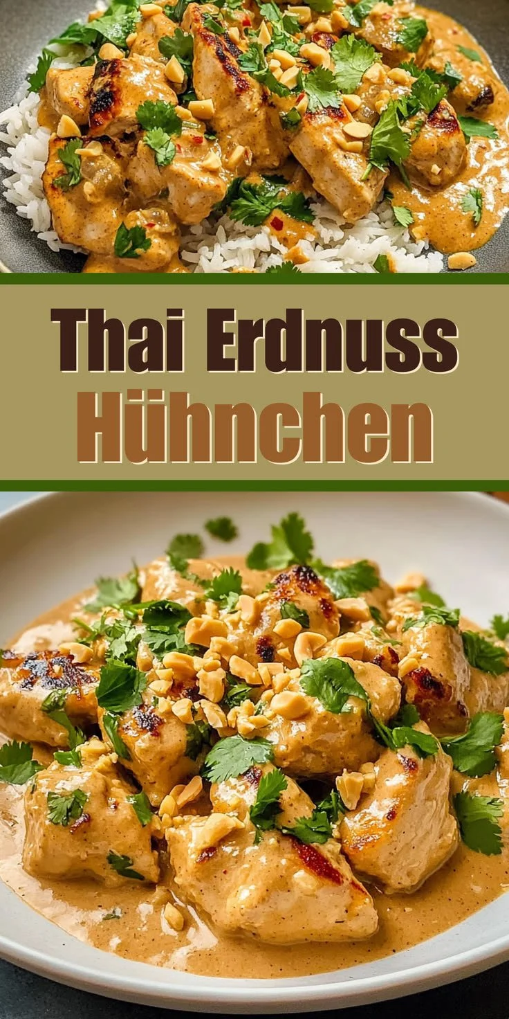 Eine köstliche Portion Thai-Erdnuss-Hühnchen mit Erdnusssauce und frischem Gemüse.