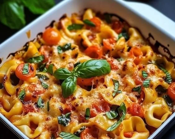 Veganer Tortellini-Auflauf mit buntem Gemüse und herzhaftem veganen Käse