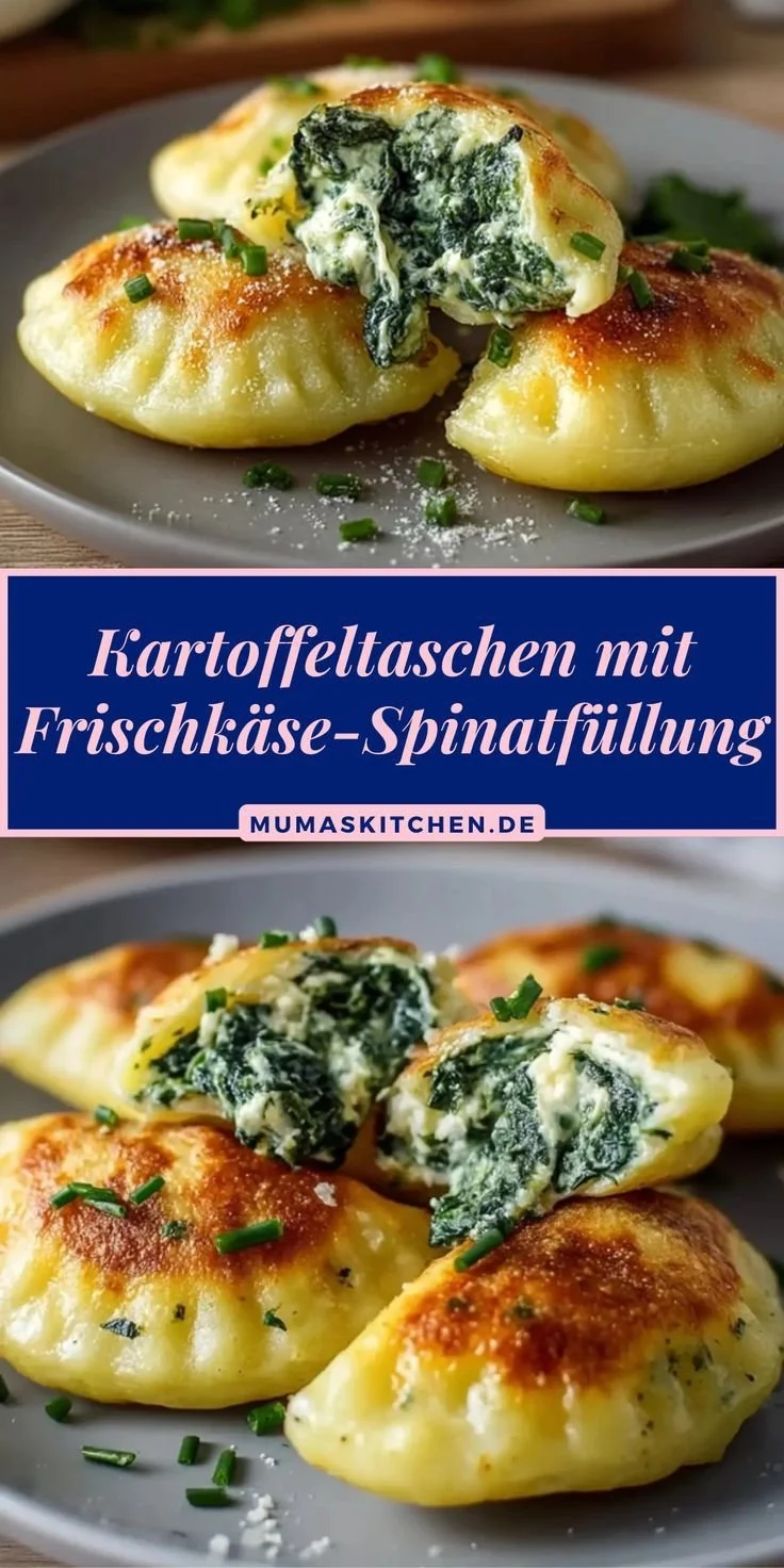 Vegetarische Kartoffeltaschen mit Frischkäsefüllung auf einem Teller