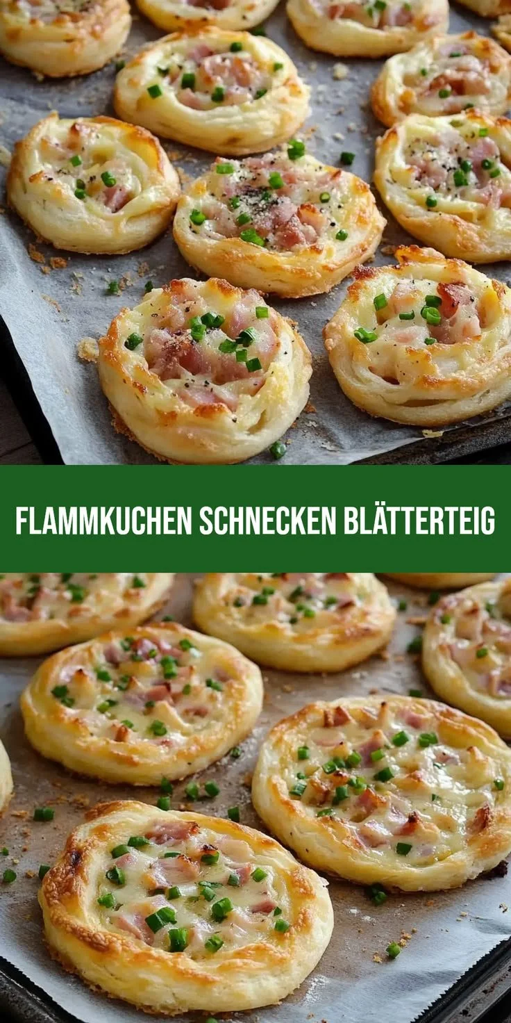 Flammkuchen Schnecken aus Blätterteig auf einem Holzbrett